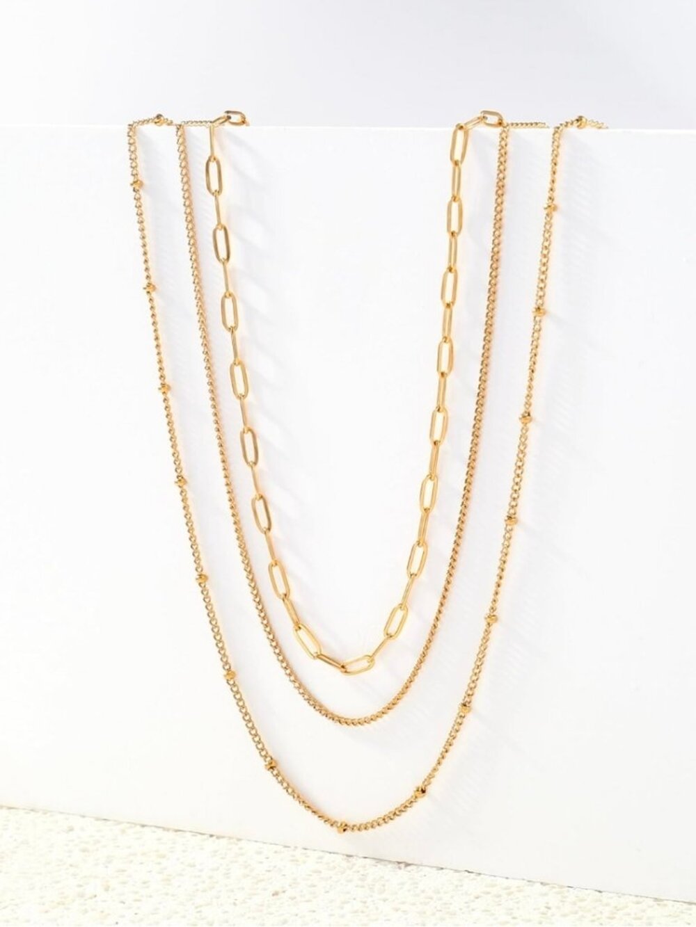 14k Gold / 304 No Tarnish 3 chain layered adjustable set - Picture 2 of 8
